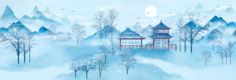 冬日山林雪景国风水墨风景插画