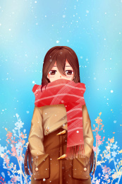 穿着棕色大衣围着红围巾的少女