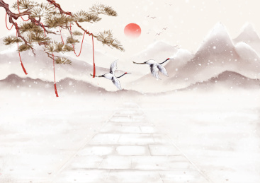 手绘中国风冬日雪景水墨画