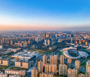 航拍蓝天下的中国江苏常州奥体与传媒大厦、文化广场