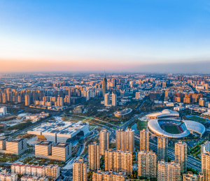 航拍蓝天下的中国江苏常州奥体与传媒大厦、文化广场