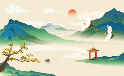 中国风青绿色山水风景插画