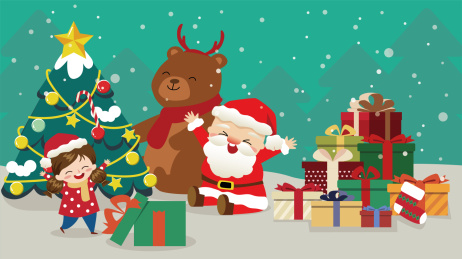 女孩和圣诞老人拆礼物