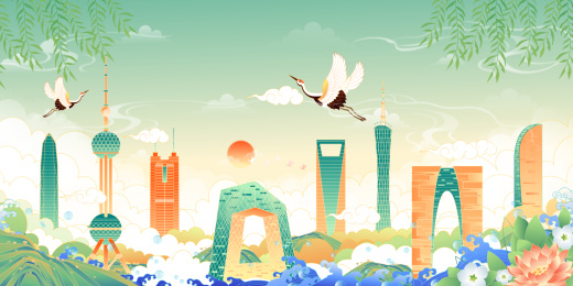 中国各地城市地标建筑矢量插画
