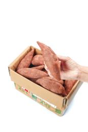 白底上放着一箱白心蜜薯和手上拿着一个蜜薯