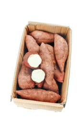 白底上放着一箱白心蜜薯