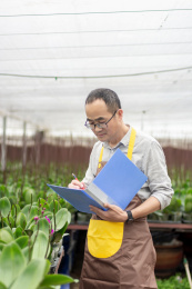 一个男性东方人在花卉种植大棚里
