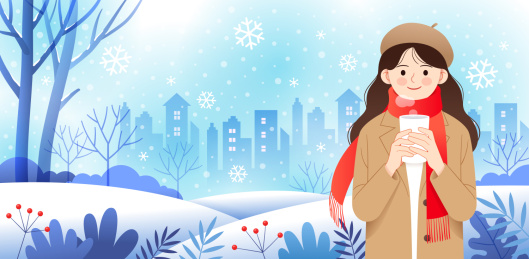 冬天一个女孩手捧水杯和户外雪景