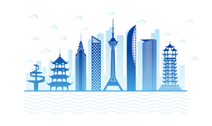 中国四川省成都市城市景观扁平矢量插画