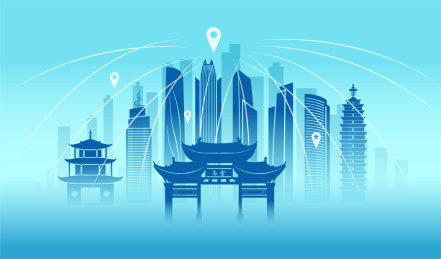 中国云南省昆明市城市数据网络空间插画