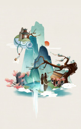 中国古风水墨微观山水场景世外桃园