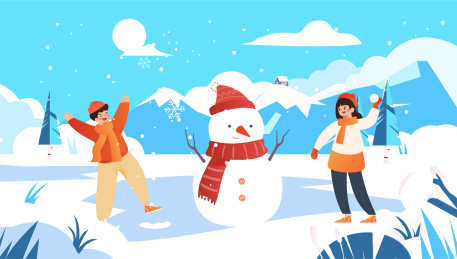 小孩冬日打雪仗插画