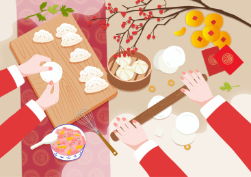冬天包饺子做饭新年场景插画