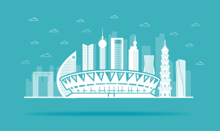 中国广东省佛山市城市天际线矢量插画湖蓝色