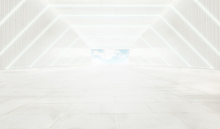 向前延伸、干净照明的走廊室内空间背景。