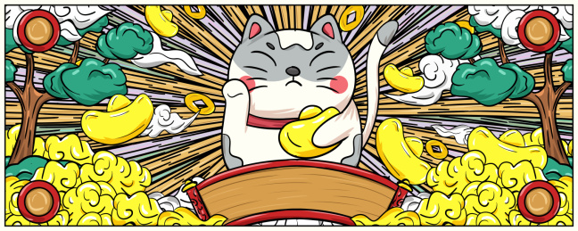 手绘国潮招财猫插画
