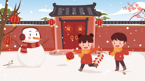 新春好年过大年小孩放鞭炮插画