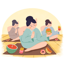 边做瑜伽边吃东西佛系减肥的女孩