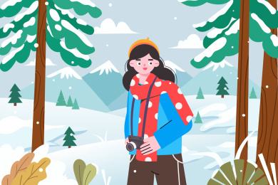 冬天拍摄雪景的女孩矢量插画