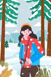 冬天拍摄雪景的女孩矢量插画