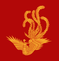 金色传统凤凰艺术图案，红色背景