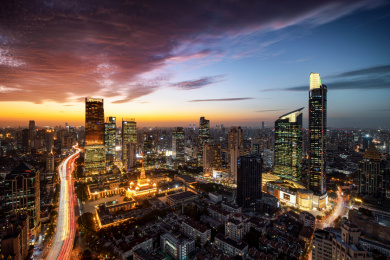 上海静安CBD全景火烧云日落