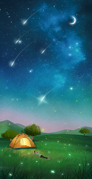 夜晚的星空下躺在草地上露营的男孩插画