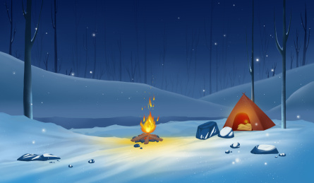 雪地夜晚的篝火和帐篷插画场景横