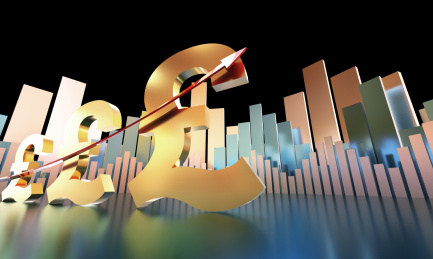 红色成功箭头与英镑符号，升值与事业成功