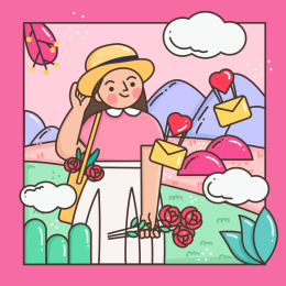 情人节手拿玫瑰花的女人矢量插画