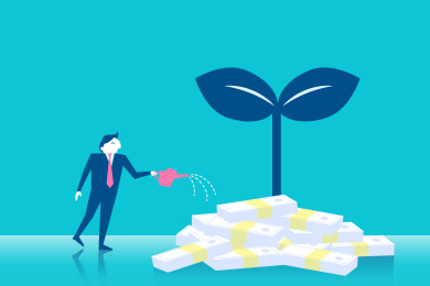 男子浇水照顾植物金钱插图