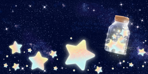 装着发光星星的玻璃瓶漂浮在黑暗背景插画