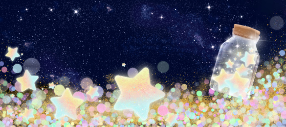 装着发光星星的玻璃瓶漂浮在黑暗背景插画