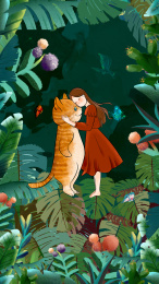 猫与小女孩森系小清新噪点肌理插画