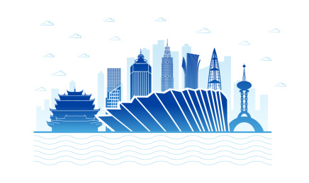 中国浙江省温州市城市天际变矢量插画蓝色