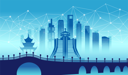 中国贵州省贵阳市城市5G数据网络插画蓝色