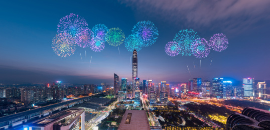 深圳福田CBD城市夜景和烟花