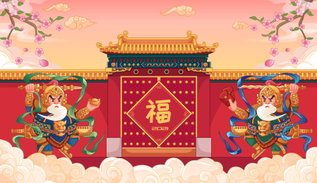 两个门神站在门的旁边矢量国潮插画