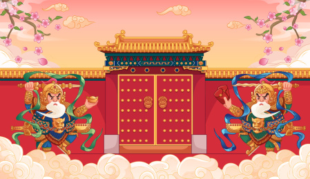 两个门神站在门旁边矢量国潮插画