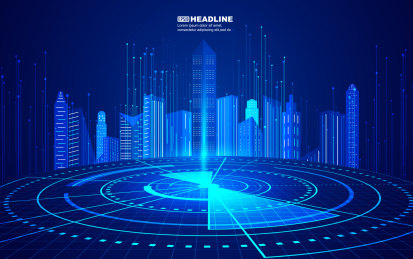 线条电路与建筑，未来城市互联网科技背景。