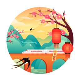 动车和山水灯笼梅花等春运插画