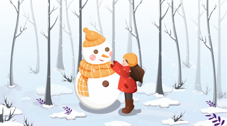 一个在雪地里堆雪人的小女孩