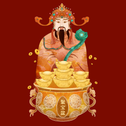 新年迎财神吉祥国潮水彩质感插画