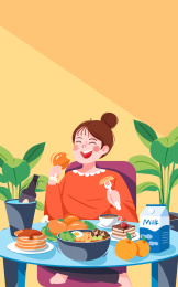 吃货女孩坐在桌子旁吃鸡腿蛋糕火锅等美食