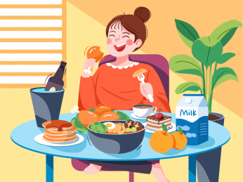 吃货女孩坐在桌子旁吃鸡腿蛋糕火锅等美食