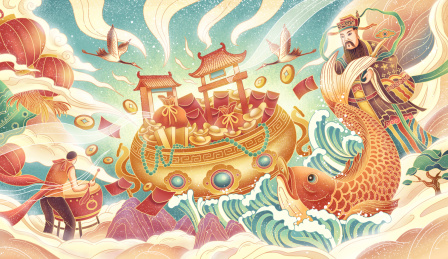财神爷聚宝盆与锦鲤热闹的景象