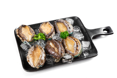 白底上盘子里放着鲜冻鲍鱼