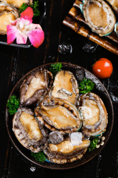 黑底上放着一盘活冻鲍鱼