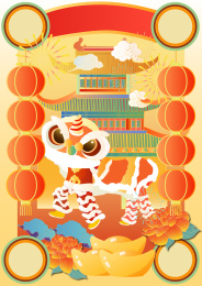 春节新年城楼烟花舞狮子的红包设计无字