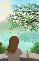 小女孩在小猫的陪伴下在阳台乘凉叶子飘落